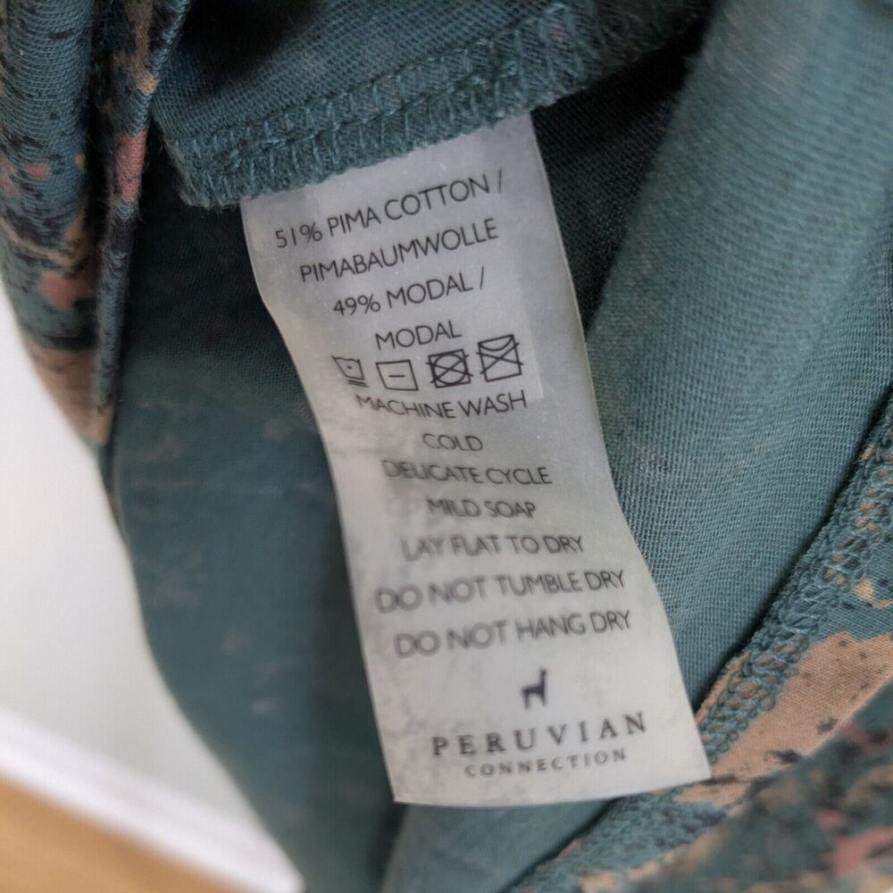 Peruvian Connection Mini Dress S Teal Green Long Sleeve Floral Shift Work Black - Picture 9 of 9